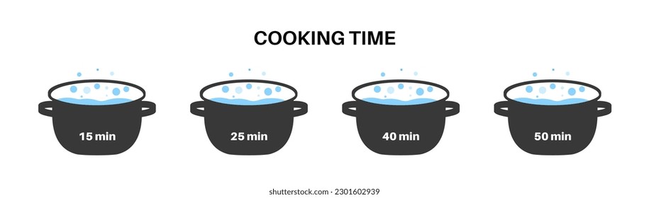 Cooking in the saucepan. Recipe for boiled food. Different temperatures and alarm times. 15, 25, 40 and 50 minutes. Instructions and recipe for meals in pot, kitchen stopwatch flat vector illustration