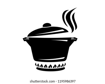 Cooking saucepan with steam icon. Logo in simple style with kitchen process. Tasty smell from stove of chief. Warm comfort and tasty food. Vector illustration of first course from haute kitchen star.