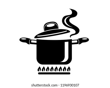 Cooking saucepan with steam icon. Logo in simple style with kitchen process. Tasty smell from stove of chief. Warm comfort and tasty food. Vector illustration of first course from haute kitchen star.