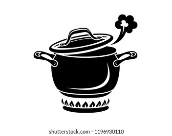 Cooking saucepan with steam icon. Logo in simple style with kitchen process. Tasty smell from stove of chief. Warm comfort and tasty food. Vector illustration of first course from haute kitchen star.