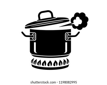 Cooking saucepan with steam icon. Logo in simple style with kitchen process. Tasty smell from stove of chief. Warm comfort and tasty food. Vector illustration of first course from haute kitchen star.