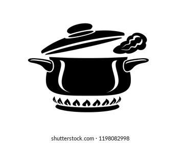 Cooking saucepan with steam icon. Logo in simple style with kitchen process. Tasty smell from stove of chief. Warm comfort and tasty food. Vector illustration of first course from haute kitchen star.