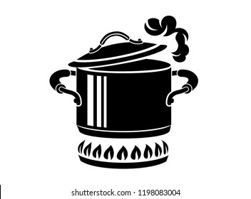 Cooking saucepan with steam icon. Logo in simple style with kitchen process. Tasty smell from stove of chief. Warm comfort and tasty food. Vector illustration of first course from haute kitchen star.