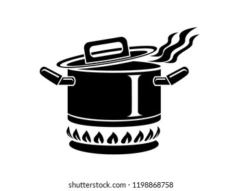 Cooking saucepan with steam icon. Logo in simple style with kitchen process. Tasty smell from stove of chief. Warm comfort and tasty food. Vector illustration of first course from haute kitchen star.