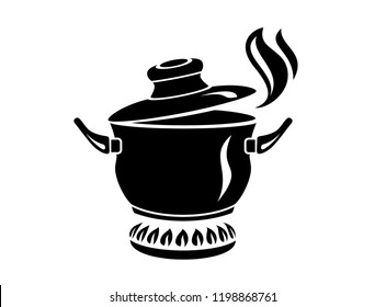 Cooking saucepan with steam icon. Logo in simple style with kitchen process. Tasty smell from stove of chief. Warm comfort and tasty food. Vector illustration of first course from haute kitchen star.