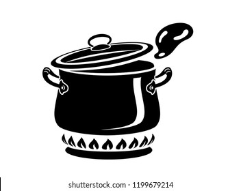 Cooking saucepan with steam icon. Logo in simple style with kitchen process. Tasty smell from stove of chief. Warm comfort and tasty food. Vector illustration of first course from haute kitchen star.