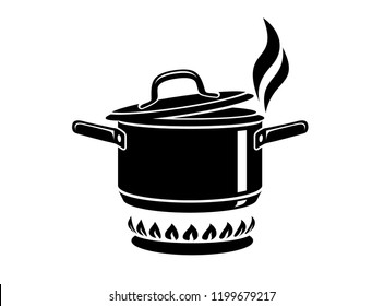 Cooking saucepan with steam icon. Logo in simple style with kitchen process. Tasty smell from stove of chief. Warm comfort and tasty food. Vector illustration of first course from haute kitchen star.