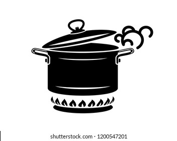 Cooking saucepan with steam icon. Logo in simple style with kitchen process. Tasty smell from stove of chief. Warm comfort and tasty food. Vector illustration of first course from haute kitchen star.