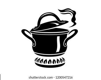 Cooking saucepan with steam icon. Logo in simple style with kitchen process. Tasty smell from stove of chief. Warm comfort and tasty food. Vector illustration of first course from haute kitchen star.