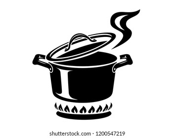 Cooking saucepan with steam icon. Logo in simple style with kitchen process. Tasty smell from stove of chief. Warm comfort and tasty food. Vector illustration of first course from haute kitchen star.