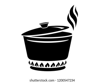 Cooking saucepan with steam icon. Logo in simple style with kitchen process. Tasty smell from stove of chief. Warm comfort and tasty food. Vector illustration of first course from haute kitchen star.