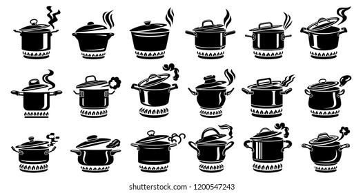 Cooking saucepan steam icon set. 18 Logo in simple style with kitchen process. Tasty smell from stove of chief. Warm comfort and tasty food. Vector illustration of first course from haute kitchen star