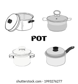 Cooking saucepan steam set. Warm comfort and tasty food. Vector illustration of first course on white background