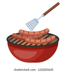 Cooking sausage on bbq or barbeque. Grill food for picnic party. Hot summer meal. Vector illustration in cartoon style