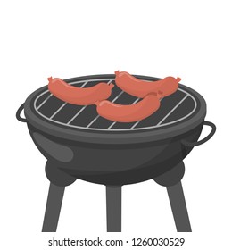 Cooking sausage on bbq or barbeque. Grill food for picnic party. Hot summer meal. Vector illustration in cartoon style