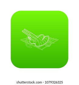 Cooking sausage on bbq icon green vector isolated on white background