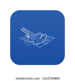 Cooking sausage on bbq icon blue vector isolated on white background