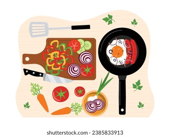 Cooking sausages and eggs, cutting vegetables to complement a healthy diet menu, desk top view vector illustration.