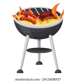 Cooking sausages and meat on a flaming grill . Vector illustration on a white background.