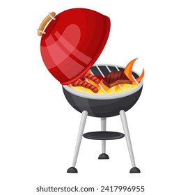 Cooking sausages and meat on a hot grill with an open lid. Vector illustration on a white background.