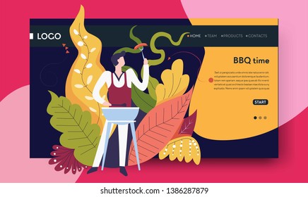 Cooking sausages on grill BBQ time outdoor recreation web page template vector man in apron barbecue party summer activity roasted food nature weekend culinary recipe Internet site mockup plants