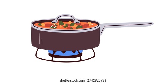 Cooking in saute pan on stove, gas burner. Vegetables stewing in saucepan, stewpan on cooker, heater. Simmering, food preparation on stovetop. Flat vector illustration isolated on white background