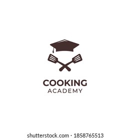 Cooking school academy logo icon symbol with spatula and graduation crown hat