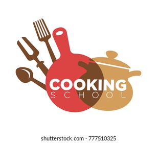 Cooking school advertisement logotype with cookware and utensils