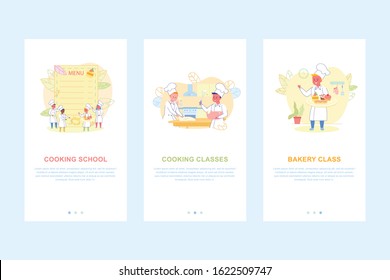 Cooking School and Bakery Classes for Kids. Cartoon Happy Smiling Boy Cook Chef and Menu List Cutout Design. Mobile Page Trendy Flat Set for Social Media Network. Children Hobby. Vector Illustration