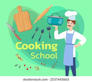 Kochen Schule Banner Design. Koch mit Topf und Küchenutensilien. Kochworkshop, Kochkurskonzept