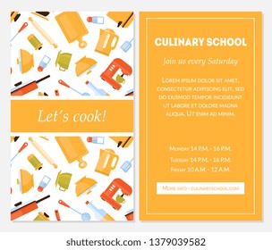 Cooking School Banner Template, Lets Cook Invitation Card with Place for Text and Kitchen Utensils for Food Preparation Vector Illustration