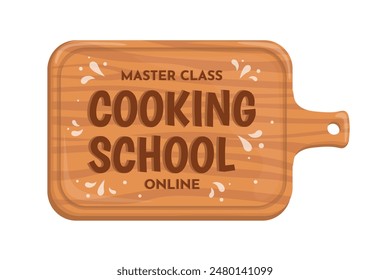 Cooking school board. Cookery master class kitchen chef lesson label design, home or cafe gastronomy studio lessons logo cook online learning restaurant emblem vector illustration