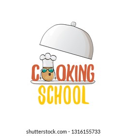 Cooking school classes logo or label with smiling chef potato with hat isolated on white background. Vector Creative concept of cooking lessons for kids and family