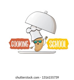 Cooking school classes logo or label with smiling chef potato with hat isolated on white background. Vector Creative concept of cooking lessons for kids and family