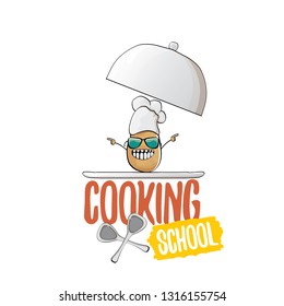 Cooking school classes logo or label with smiling chef potato with hat isolated on white background. Vector Creative concept of cooking lessons for kids and family