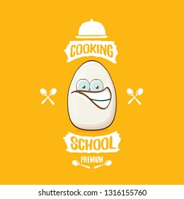 Cooking school classes logo or label with white egg cartoon character isolated on orange background. Vector Creative concept of cooking lessons for kids