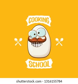 Cooking school classes logo or label with white egg cartoon character isolated on orange background. Vector Creative concept of cooking lessons for kids