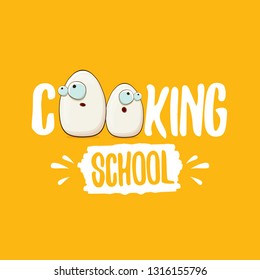 Cooking school classes logo or label with white egg cartoon character isolated on orange background. Vector Creative concept of cooking lessons for kids