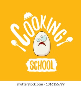 Cooking school classes logo or label with white egg cartoon character isolated on orange background. Vector Creative concept of cooking lessons for kids