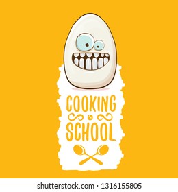 Cooking school classes logo or label with white egg cartoon character isolated on orange background. Vector Creative concept of cooking lessons for kids