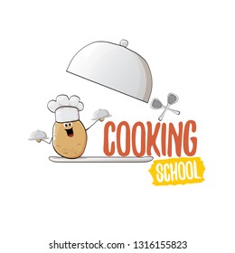 Cooking school classes logo or label with smiling chef potato with hat isolated on white background. Vector Creative concept of cooking lessons for kids and family