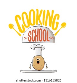 Cooking school classes logo or label with smiling chef potato with hat isolated on white background. Vector Creative concept of cooking lessons for kids and family