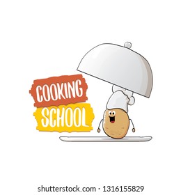 Cooking school classes logo or label with smiling chef potato with hat isolated on white background. Vector Creative concept of cooking lessons for kids and family
