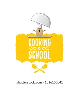 Cooking school classes logo or label with smiling chef potato with hat isolated on white background. Vector Creative concept of cooking lessons for kids and family