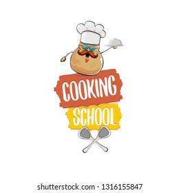 Cooking school classes logo or label with smiling chef potato with hat isolated on white background. Vector Creative concept of cooking lessons for kids and family