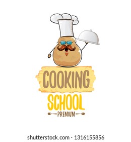 Cooking school classes logo or label with smiling chef potato with hat isolated on white background. Vector Creative concept of cooking lessons for kids and family