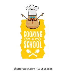 Cooking school classes logo or label with smiling chef potato with hat isolated on white background. Vector Creative concept of cooking lessons for kids and family