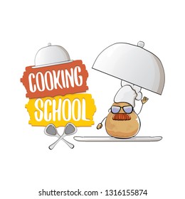 Cooking school classes logo or label with smiling chef potato with hat isolated on white background. Vector Creative concept of cooking lessons for kids and family