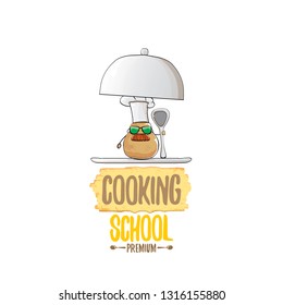 Cooking school classes logo or label with smiling chef potato with hat isolated on white background. Vector Creative concept of cooking lessons for kids and family