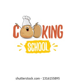 Cooking school classes logo or label with smiling chef potato with hat isolated on white background. Vector Creative concept of cooking lessons for kids and family